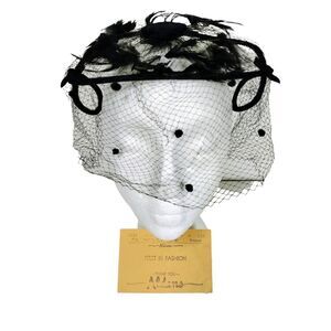 Vintage 40's 50's Black Velvet & Feathers Net Wired Fascinator Head Piece Hat